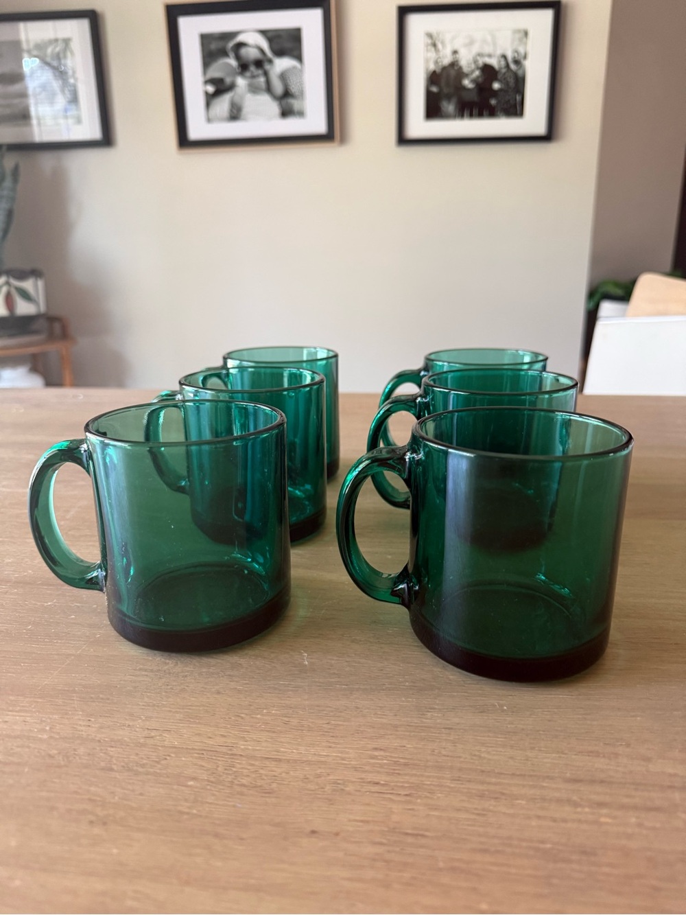 Vintage MCM emerald glass clear glass mugs (set of 6)